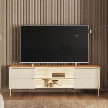 Imagem de Rack Para Tv Com Nichos Abertos E Pés De Metal Off White Canela