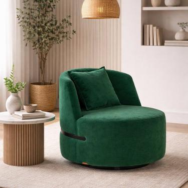 Imagem de Poltrona Giratória Laila em Veludo com Molas Ensacadas e Detalhe em Aço Veludo Verde