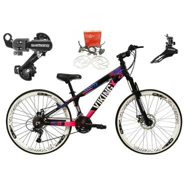 Imagem de Bicicleta Aro 26 Vikingx Tuff 21v Alumínio Câmbios Shimano Freio a Disco Hidráulicos Aros Vmaxx Branco - Preto\Rosa X25