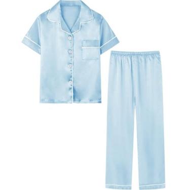 Imagem de Conjunto de pijamas Umeyda Satin para meninas de manga curta e calças 