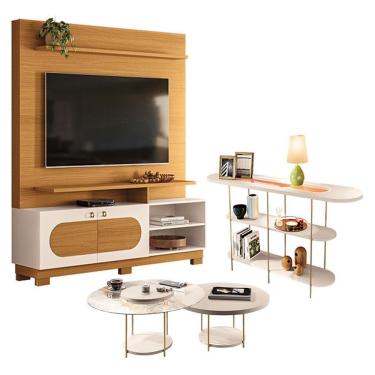 Imagem de Estante Home Theater Axis Cinamomo Off White Com Kit Mesa De Centro Sky E Aparador Infi...