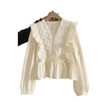 Imagem de Blusa Feminina Casual De Outono Em Cor Sólida Com Renda E Babados, Man