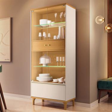 Imagem de Cristaleira Para Sala de Jantar com LED 2 Portas Vidro Lúmen B01 Off White Cinamomo - L...
