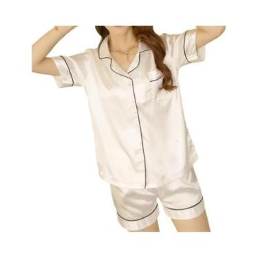 Imagem de Conjunto De Pijamas De Seda Satinada Feminino 2 Peças Com Botões, Roup