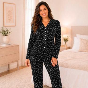 Imagem de Pijama com botão americano Feminino Longo Inverno Tj Vip Conforto E Es