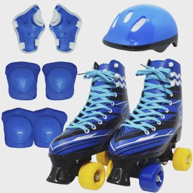 Imagem de Kit Patins Clássico Quad 4 Rodas Roller + Acessórios Masculino Azul Tam 30 Importway BW-021-AZ