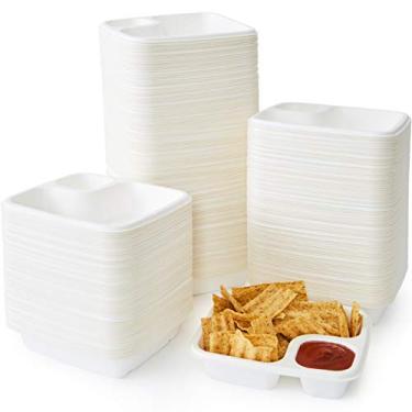 Imagem de Bandejas de nacho resistentes, sem vazamento, biodegradáveis, pacote com 300 unidades, grande, 2 compartimentos segura para micro-ondas bandeja compostável resistente e dividida para lanches, nachos e queijos ou batatas fritas e salsa