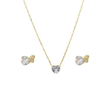 Imagem de Colar Corrente Feminina Grumet 45cm e Brinco Solitário Pedra de Coração Semijoia