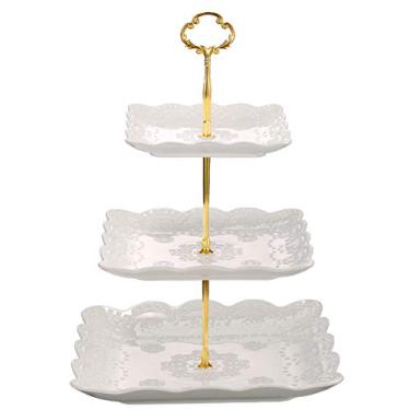 Imagem de Suporte de cupcake de porcelana Sumerflos de 3 andares, suporte de bolo de servir em camadas, suporte de sobremesa quadrado, bandeja de servir para festas de casamento, A-White