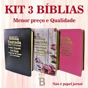 Imagem de Kit 3 Bíblias Sagrada Letra Grande - Luxo Variadas - C/ Harpa - 12X16c
