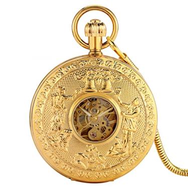 Imagem de TORALF Relógio de bolso mecânico automático de cobre ouro relógio de corda automática duplo relógio retro aberto