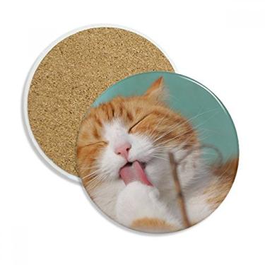 Imagem de Caneca com listras amarelas para gatos e animais de estimação copos. Caneca absorvente de proteção de mesa