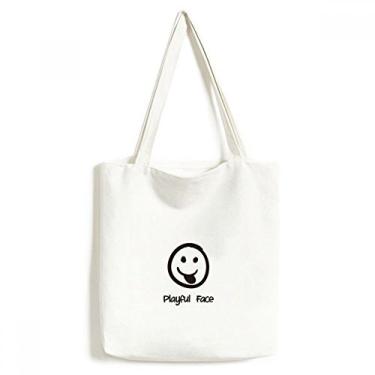 Imagem de Bolsa de lona branca com rosto brincalhão, fofa, chat feliz, sacola de compras, bolsa casual