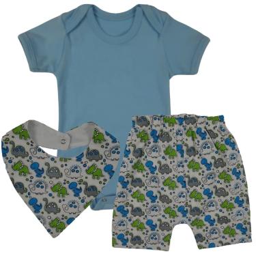 Imagem de Conjunto Body Manga Curta e Short / Bermuda Dino + Babador - Roupa Bebê Menino-Masculino