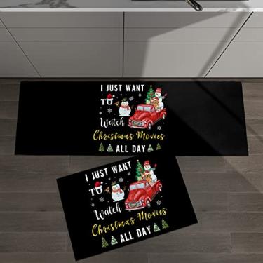 Imagem de Conjuntos de tapetes de feltro de cozinha 2 peças I Just Want to Watch Christmas Movies All Day Truck Snowman Dog Preto Absorvente Tapete Antiderrapante, Adequado para Escritórios, Corredores, Lavanderia