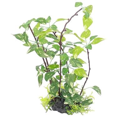 Imagem de BEIJIALY decoração da planta do tanque de peixes, folhas de plantas artificiais de plástico, design realista ornamento do tanque de peixes folhas verdes para caixa de répteis de tanque de peixes de aq