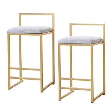 Imagem de Cadeiras de jantar cadeiras de sala de jantar banquetas de bar de metal banqueta de bar balcão de altura banqueta de veludo com encosto e apoio para os pés dourado bancos de ilha de cozinha, altura do assento 65/75cm, conjunto de 2 Tudo está bem