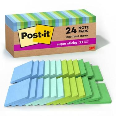 Imagem de Post-it Notas recicladas super adesivas, 7,6 x 7,6 cm, 24 blocos, 2x The Sticking Power, coleção Oasis, 30% papel reciclado