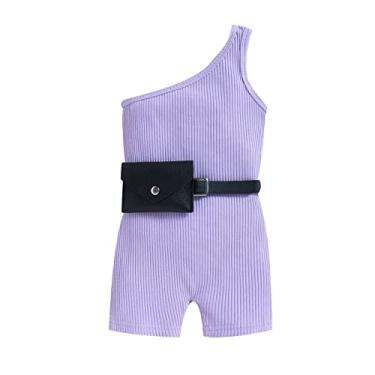 Imagem de Macacão infantil para meninas sem mangas com nervuras e ombros de fora e cintura (roxo, 3-4 anos)