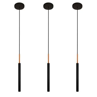 Imagem de Kit 3 Luminárias Pendente Teto Tubo Quarto Preto Cobre 40Cm