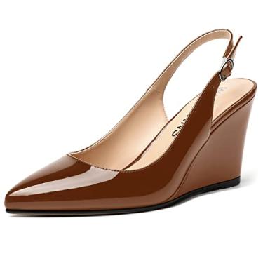 Imagem de WAYDERNS Sapato feminino bico fino tira ajustável tira no tornozelo moda namoro fivela Slingback sólida patente cunha salto alto sapatos 3,3 polegadas, Marrom, 7.5