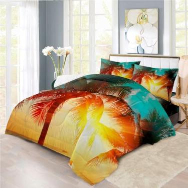 Imagem de Faeralei Conjunto de cama Setting Sun Coco Bed in A Bag 7 peças Summer Beach Coconut Grove Island, incluindo 1 lençol com elástico + 1 edredom + 4 fronhas + 1 lençol de cima (C, cama de solteiro em um