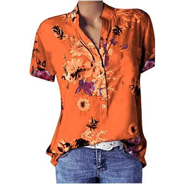 Imagem de Camiseta feminina verão manga curta botão gola V túnica blusa solta estampada camiseta gráfica com bolso Camiseta havaiano Pescoço Casual 2023 baixa curto Top flor floral K62-Laranja Small