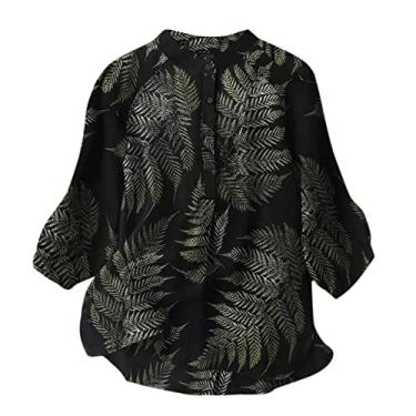 Imagem de Camiseta feminina verão gola mandarim botão manga 3/4 estampada túnica fina e leve blusas casuais Camisa Estampado Lençóis de algodão Na moda feminina babados feminina Folhas M64-Preto Large