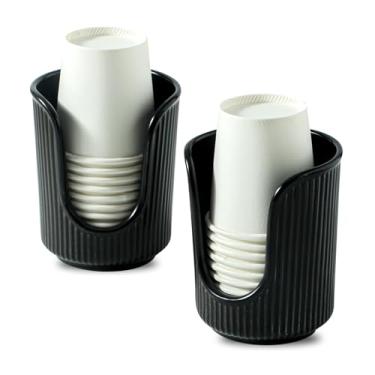 Imagem de Dobbyby Dispensador de copo de cerâmica para banheiro com listras verticais elegantes - Porta-copo descartável para enxaguante bucal comporta copos de papel de 85 a 113 g para enxaguar copos em