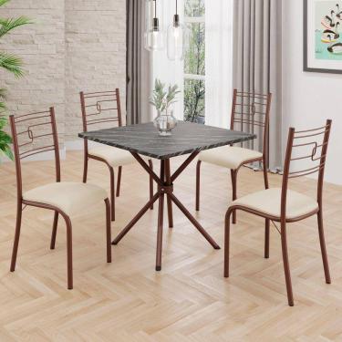 Imagem de Conjunto Sala de Jantar Mesa Quadrada70x70cm Tampo Ardósia Indiana 4 Cadeiras Paraty Creme / Marrom