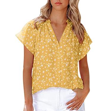 Imagem de Blusas femininas modernas estampadas para sair plus size manga curta sexy blusas de chiffon de verão camisas boho túnica formal, Amarelo, GG