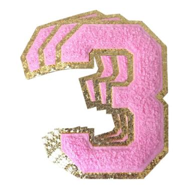 Imagem de 3 peças de remendos de número de chenille rosa glitter ferro em remendos de letras Varsity Remendos bordados de chenille costurar em remendos para roupas chapéu bolsas jaquetas camisa (rosa, 3)