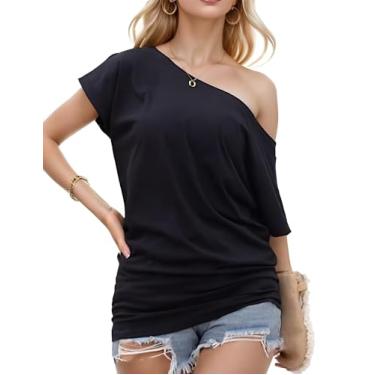 Imagem de Teepie Camisas femininas de ombro de fora casual manga curta ajuste solto um ombro tops túnica de verão tops, Preto, XXG