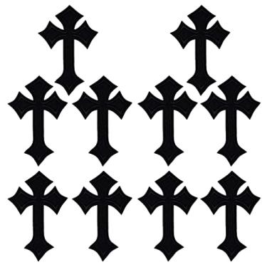 Imagem de Zcketo 10 peças remendo religioso gótico punk cruz preta bordado aplique ferro em roupas costuradas para bolsa, jeans, jaquetas, boné, camiseta, faça você mesmo, roupas artesanais (cruz preta)