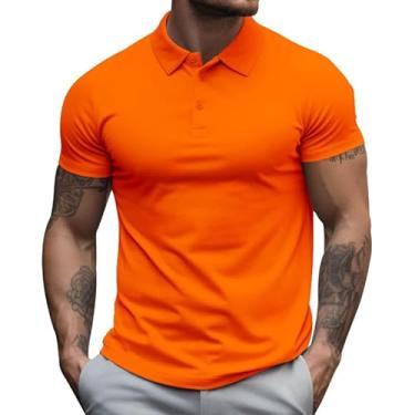 Imagem de BAFlo Camiseta masculina de lapela manga curta camisa polo masculina grande e gola solta camiseta cor sólida, Laranja, M