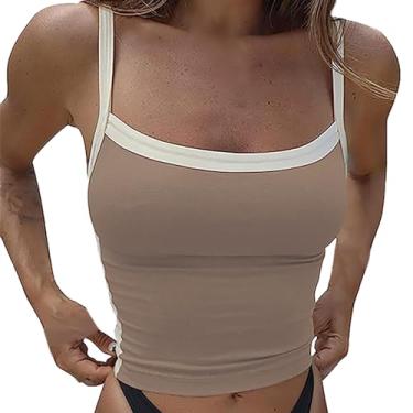 Imagem de Regata feminina de verão, listrada, gola quadrada, sem mangas, alças finas, camiseta cropped para sair, Caqui, G