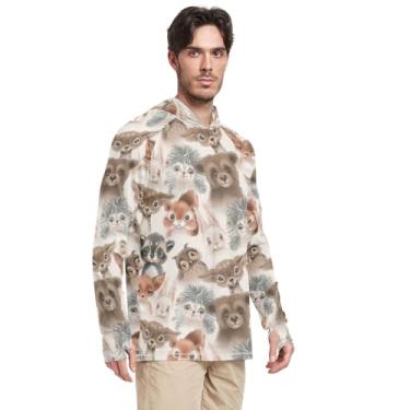 Imagem de Camisetas masculinas com capuz e proteção UV, manga comprida, animais da floresta, para pesca, FPS 50+, à prova de sol, Rash Guard para homens, Animais da floresta, XXG