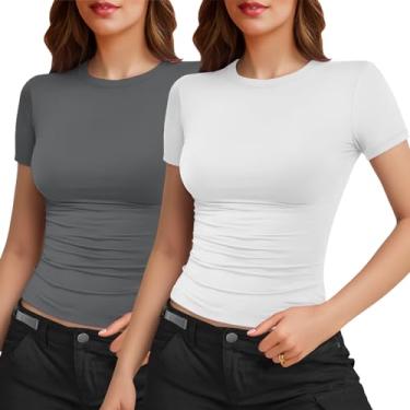 Imagem de YOGINGO Pacote com 2 camisetas femininas básicas de manga curta gola redonda slim fit 2024 verão Y2k camisetas curtas, Branco/Cinza, GG