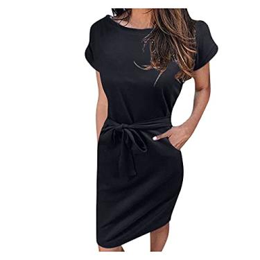 Imagem de Lainuyoah Vestidos de camisa listrados para mulheres 2024 manga curta gola redonda vestido de verão comprimento até o joelho vestido de verão com bolsos, C - preto, G