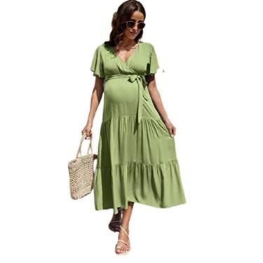 Imagem de FUNJULY Vestido feminino para gestantes, gola V, manga bufante, plissado, para chá de bebê ou uso casual, Cor verde ervilha, GG