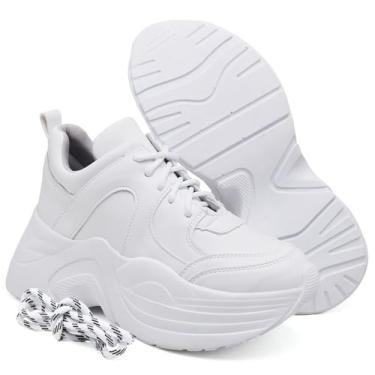 Imagem de Tênis Feminino Branco Plataforma Sola Alta Casual Caixa Alta Sneaker Chunky Cardaço Extra Leve Confortavel (189, BR, Adulto, Numérico, 34)