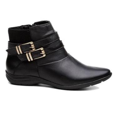 Imagem de Bota Flat Couro Feminina Zíper Tiras Fivelas Moderno Resistente Moda Inverno Sola Rasteira-Feminino