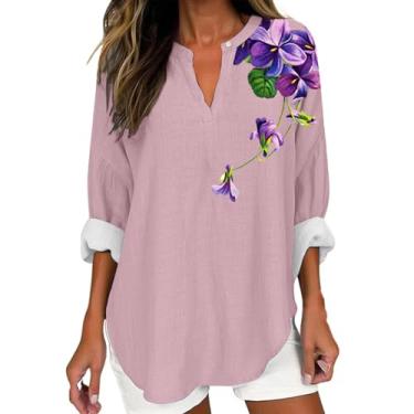 Imagem de Camiseta feminina de manga comprida com estampa floral para mulheres, caimento solto, gola V, blusas elegantes e modernas, rosa, G