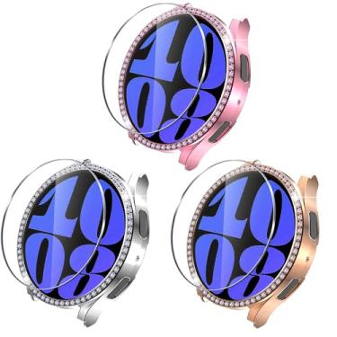 Imagem de Ltezixal 3 pacotes para Galaxy Watch 7 Ultra, capa Bling Diamonds com película protetora de tela de vidro temperado HD adequada para Samsung Galaxy Watch 7 Ultra, (3 pacotes, azul/prata/rosa)