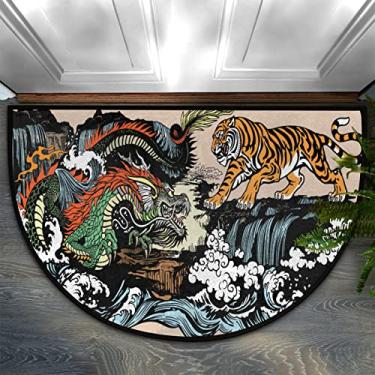 Imagem de Nichpedr Tapete de porta meio redondo Welcome com pintura chinesa, animal, dragão, tigre, oceano, capachos, macios, antiderrapantes, laváveis, tapetes para casa de banho, interior, exterior, 45 x 76