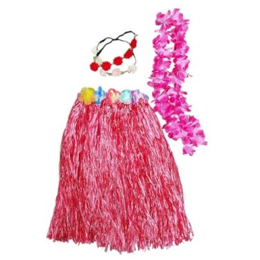 Imagem de Fantasia Adulto Havaiana Festa Temática Tropical Luau Carnaval Hawaiana: Saia + Colar + 2 Tiaras Flores Cores Sortidas (Vermelho)