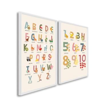 Imagem de Quadro Decorativo Duplo Aprendendo com Alegria ABC e Números em Frutas e Animais (Branco, 50x75 S/Vidro)