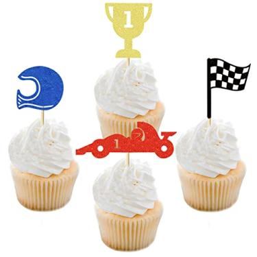Imagem de UXYOKM 24Pcs Race Car Cupcake Toppers Glitter Trophy Flag Helmet Racing Car Cupcake Picks for Let's Go Racing Sports Theme Baby Shower Birthday Cake Decorations Party Supplies