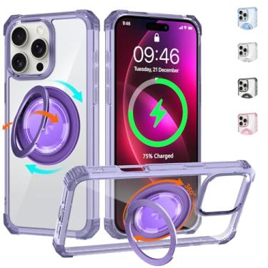 Imagem de WPCase Capa transparente para iPhone 16 Pro Max com suporte magnético giratório 360 [compatível com MagSafe], capa de grau militar resistente com suporte para mulheres e homens, roxo transparente