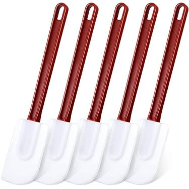 Imagem de meekoo Conjunto de 5 espátulas de silicone de borracha resistente ao calor de alta temperatura, para cozinha, cozinha, mistura, fritura, espalhar, assar, ir à lava-louças (marrom, vermelho, 35,5 cm)